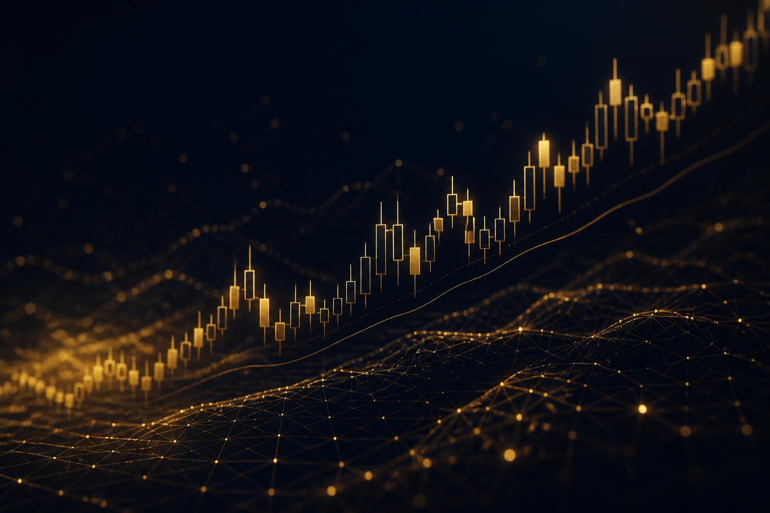 Gold candlestick chart over a deep navy trading grid
